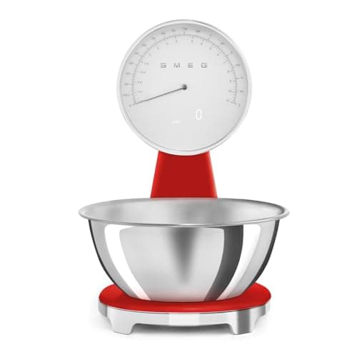 Smeg, KSF01RDWW Digital and Analog Kitchen Scales, Removable Stainless Steel Bowl 1.8L, Four Measuring Units g/ml and lb.oz/fl.oz, with Tare Function, Maximum Capacity 5 kg, Red