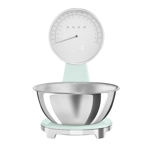 Smeg KSF01PGWW 50's Style Analogue and Rechargeable Digital Kitchen Scales with removeable stainless steel bowl, four units of measurement and LCD display, Pastel Green
