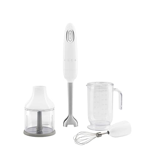 Smeg, HBF03WHEU Hand Blender, Turbo Function and Flowblend Cutting System, with Non-Slip Handle, Integrated Cord Storage, Accessories Included, Power 700W, White