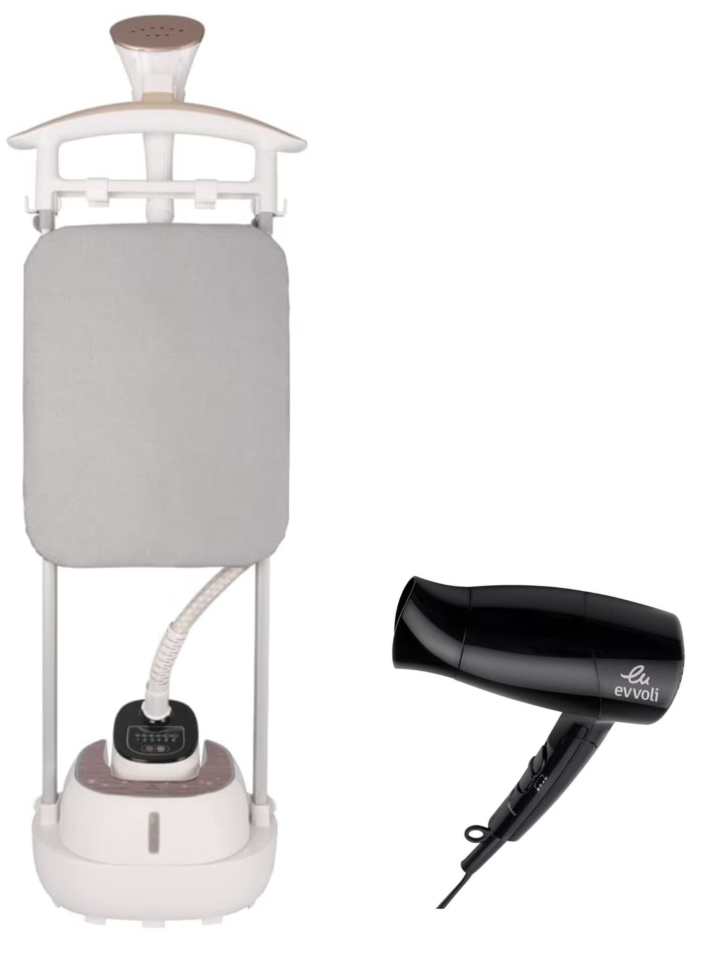 Evvoli Garment Steamer 2000w Stainless Steel Soleplate And 6 Steam Level And Hair Dryer 1500w Foldable Handle Bundle 2 L 2000 W Evir Gs2000g Evhc Hd1500b White black