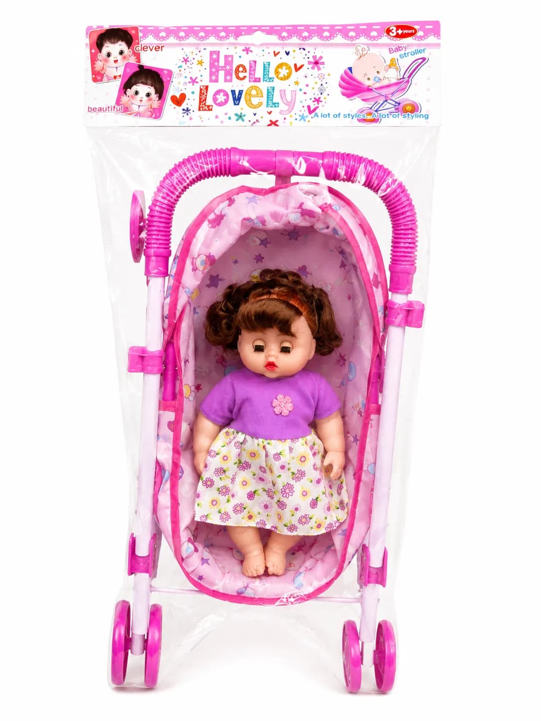 Clever Lovely Baby Doll with Pink Folding Stroller