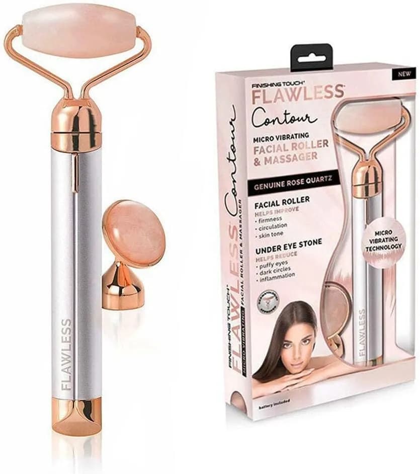 Finishing Touch Flawless Contour Vibrating Facial Roller and Massager Genuine Rose Quartz Face Massager with Under Eye Press